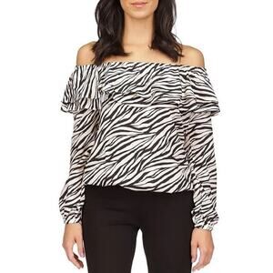 MICHAEL KORS Zebra Off-the-Shoulder Long Sleeve Ruffle Crepe Top NWT Medium